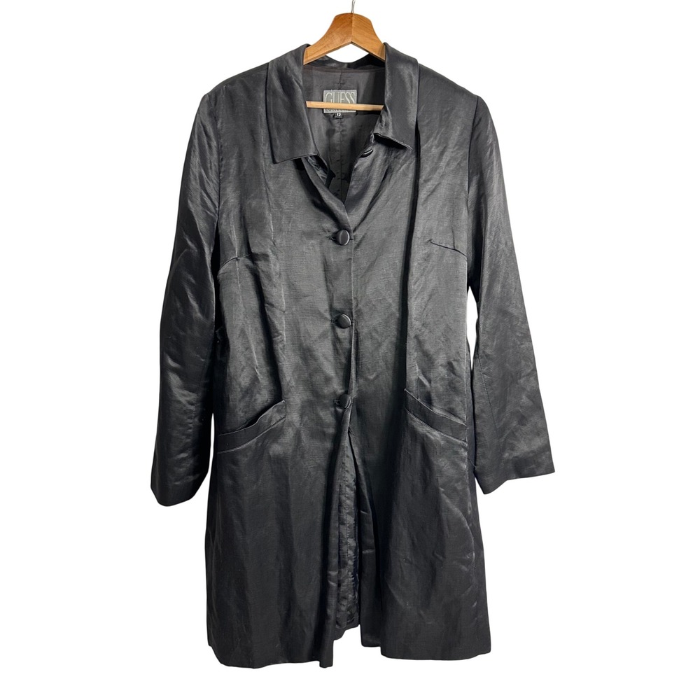 Vintage Guess Collection Black‎ Linen Blend Longline Jacket Coat off duty model